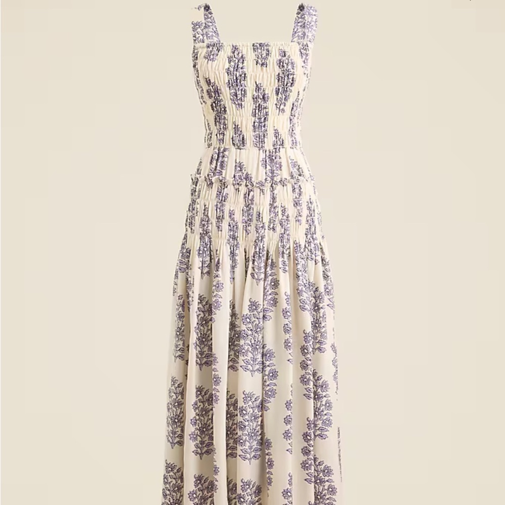 NWT J. Crew Smocked-bodice midi dress in blooming lilac block print, M